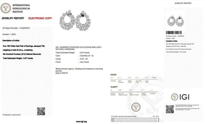 Dazzling 5.87ct Diamonds Earrings in 18k White Gold - IGI Certificate