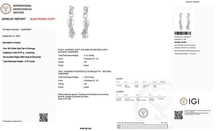 Dazzling 6.75ct Diamonds Drop Earrings in 18k White Gold - IGI Certified