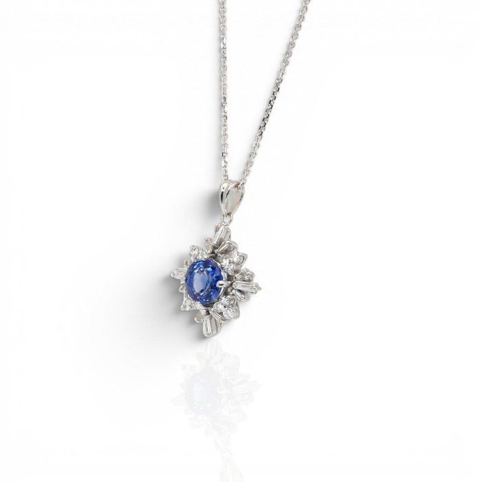 1.50 Carat IGI Certified Sapphire and Diamonds 14K White Gold Necklace