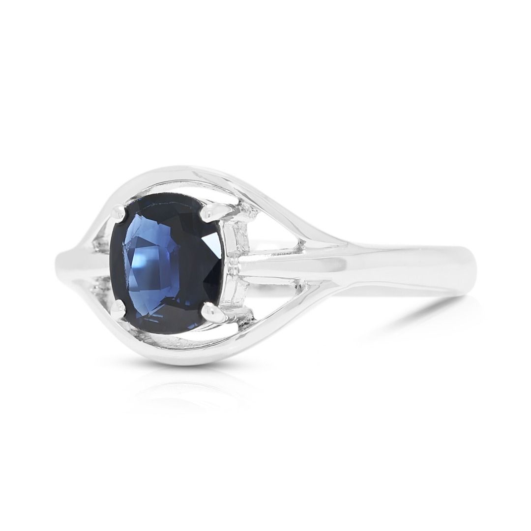 Deep 0.74ct Heated Blue Sapphire Split-Shank Solitaire Ring in 14K White Gold