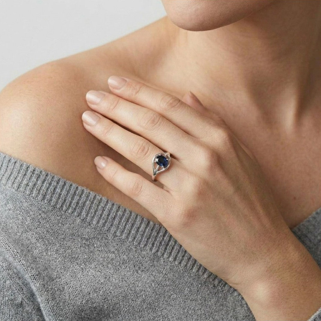 Deep 0.74ct Heated Blue Sapphire Split-Shank Solitaire Ring in 14K White Gold