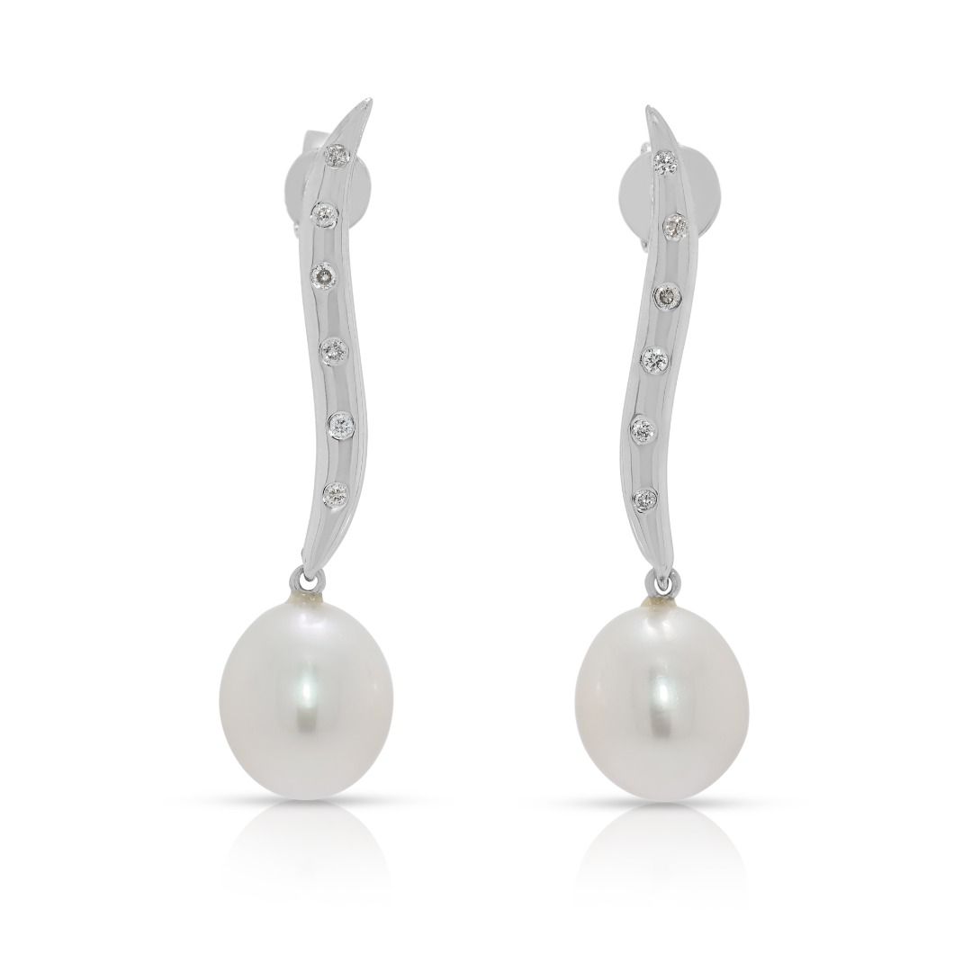 Delicate 0.12ct Diamond & South Sea Pearl Earrings in 18K White Gold