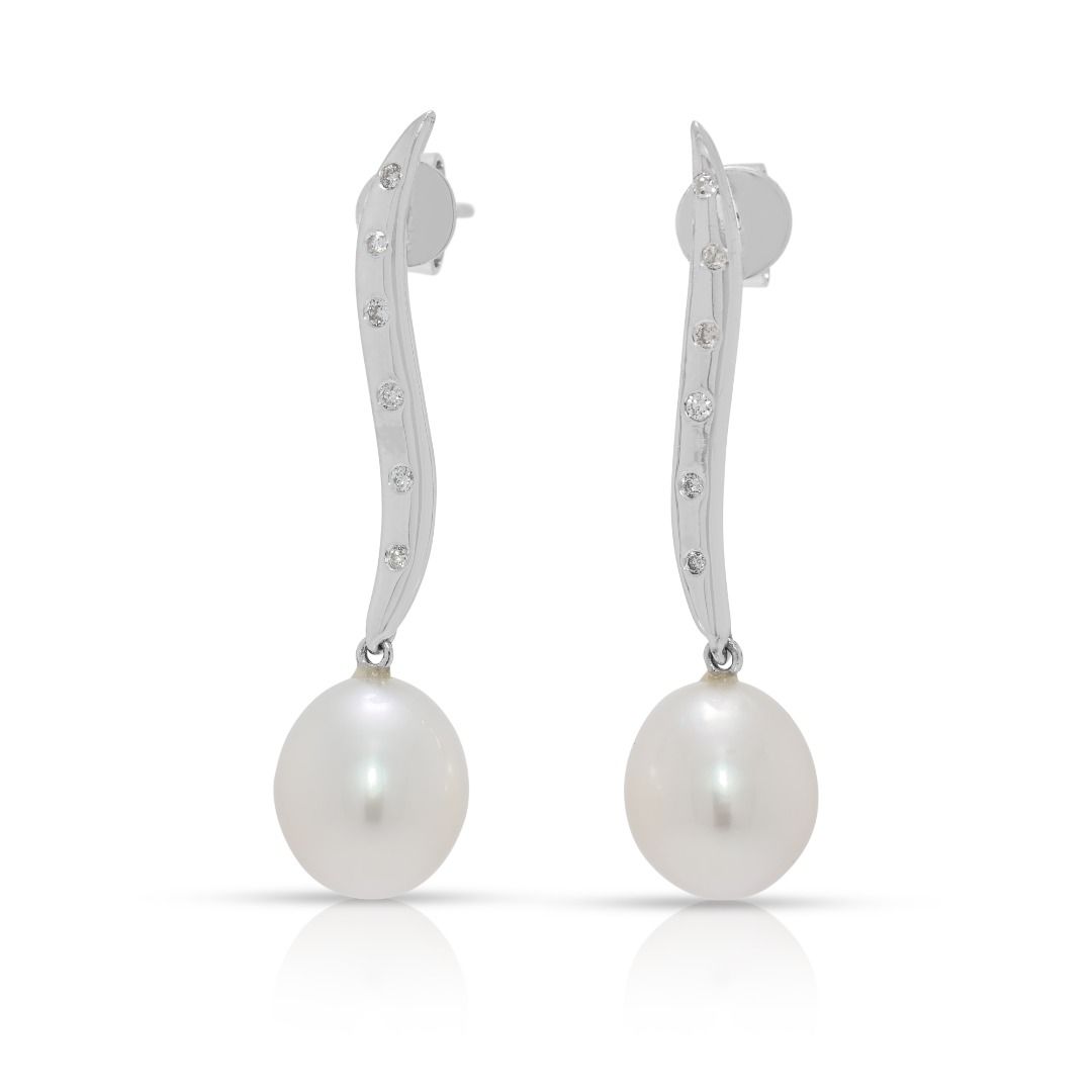 Delicate 0.12ct Diamond & South Sea Pearl Earrings in 18K White Gold