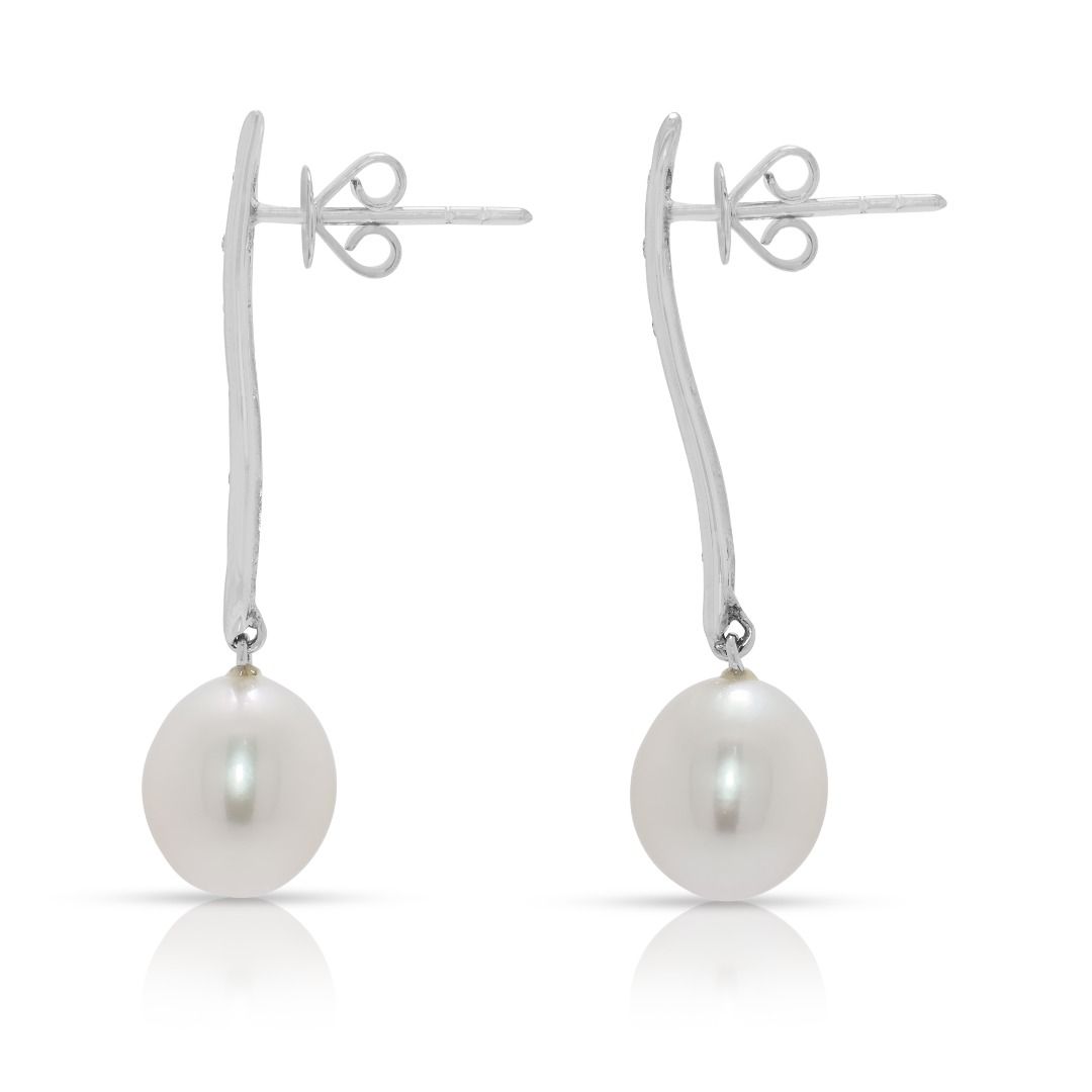 Delicate 0.12ct Diamond & South Sea Pearl Earrings in 18K White Gold