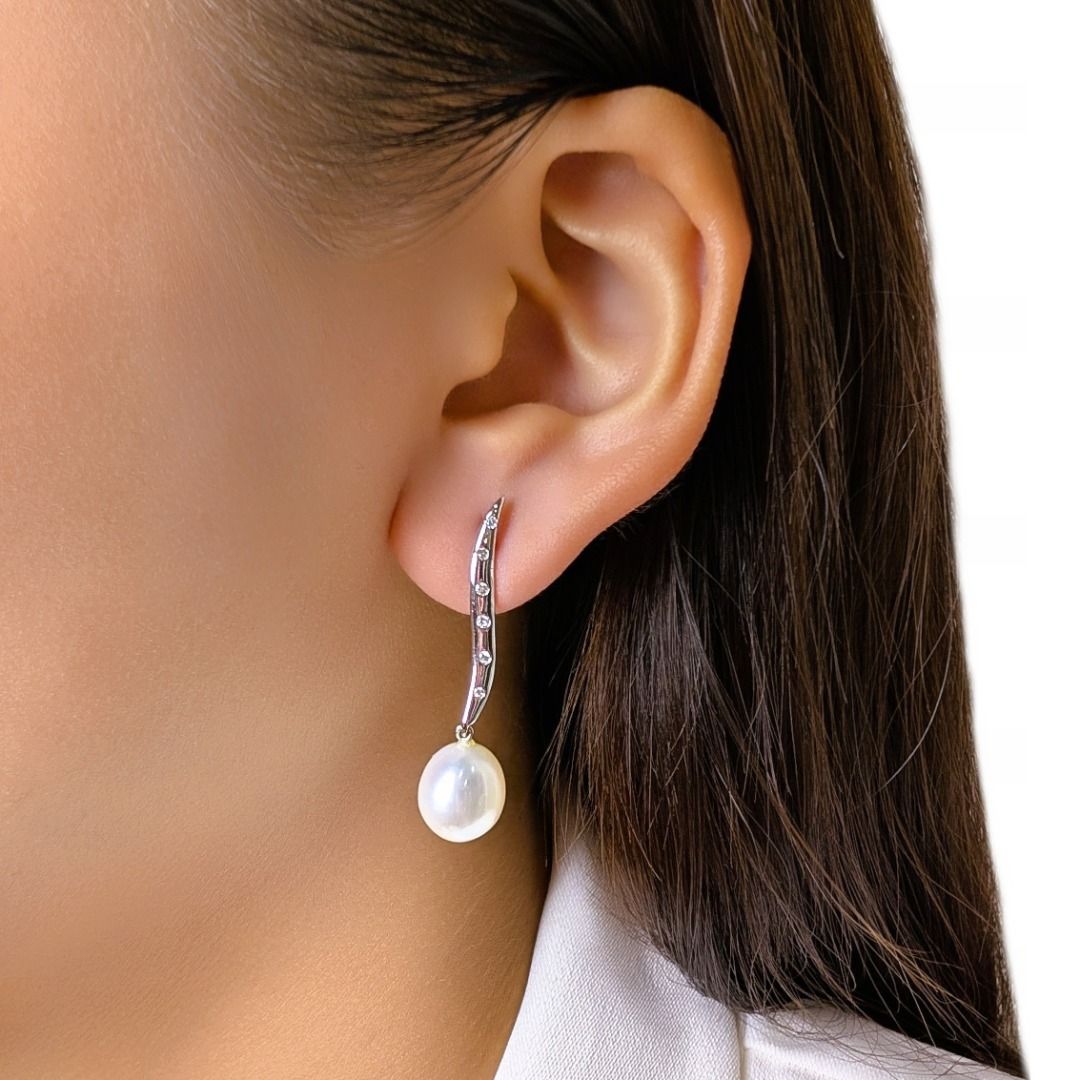 Delicate 0.12ct Diamond & South Sea Pearl Earrings in 18K White Gold