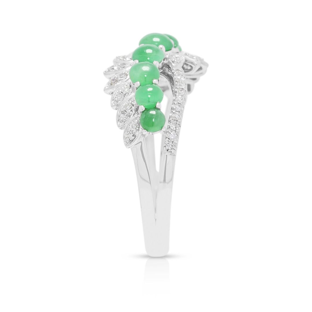 Delicate 0.24ct Diamond & Jade Cabochon Ring in 18K White Gold