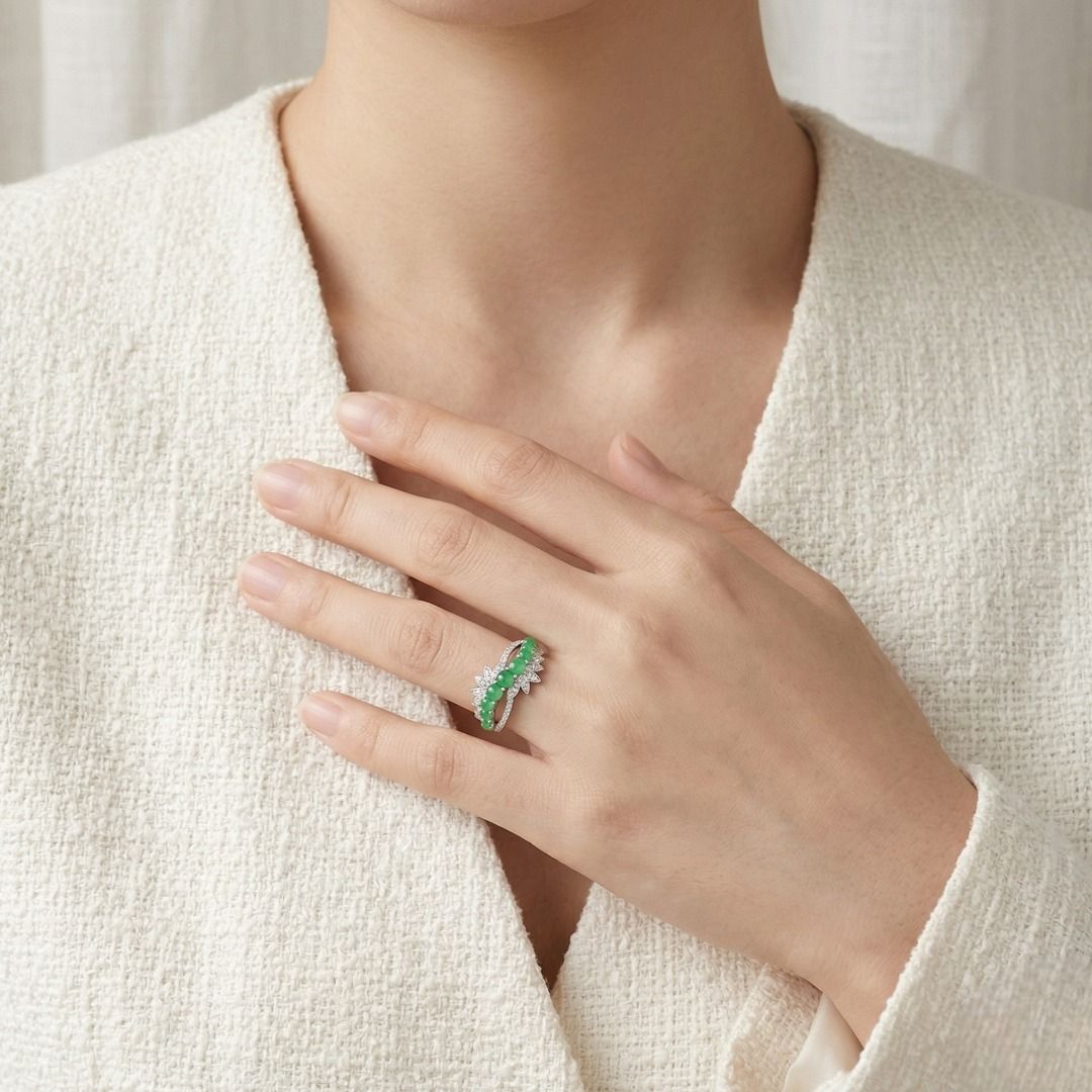 Delicate 0.24ct Diamond & Jade Cabochon Ring in 18K White Gold