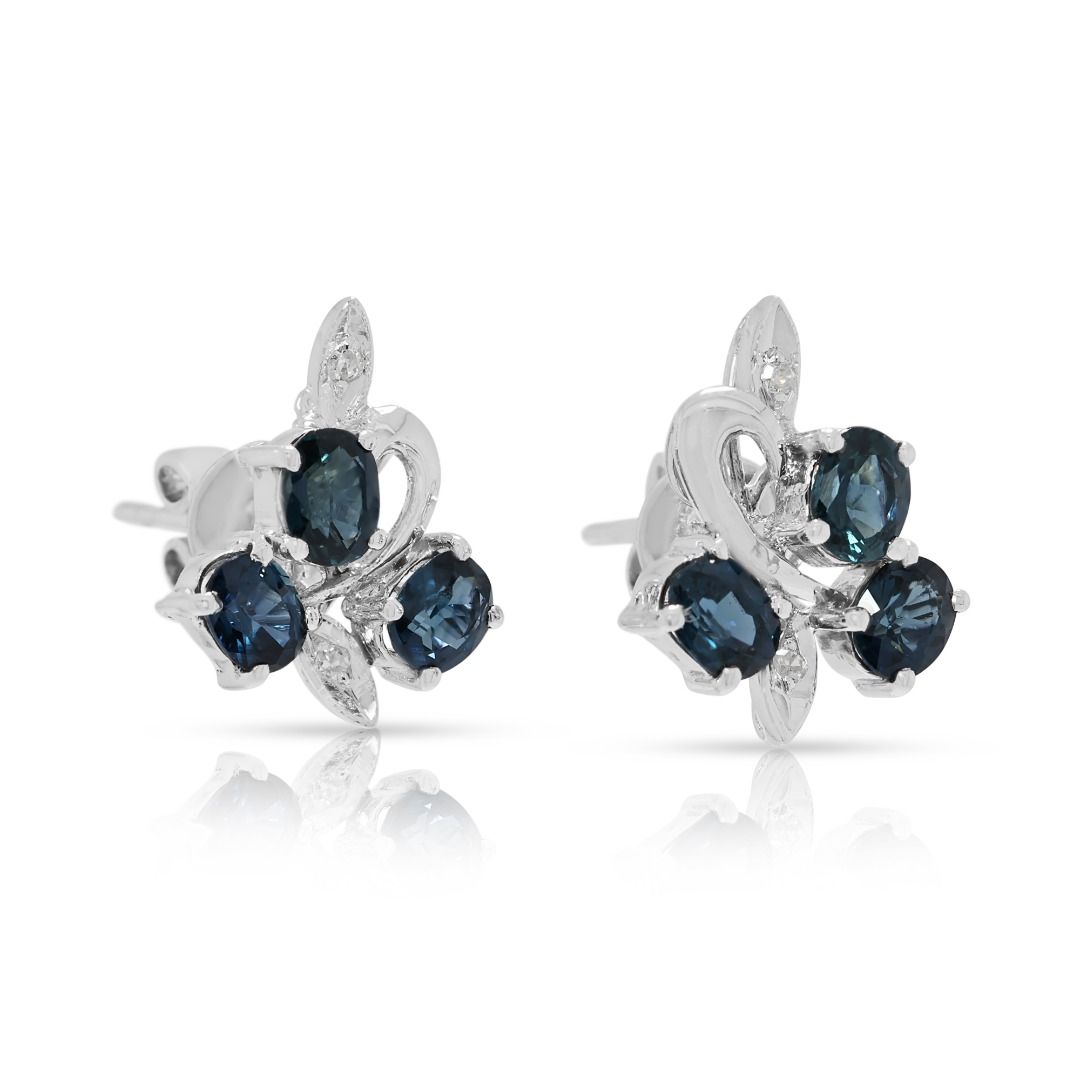 Delicate 0.62ct Sapphire & Diamond Floral Earrings in 14K White Gold