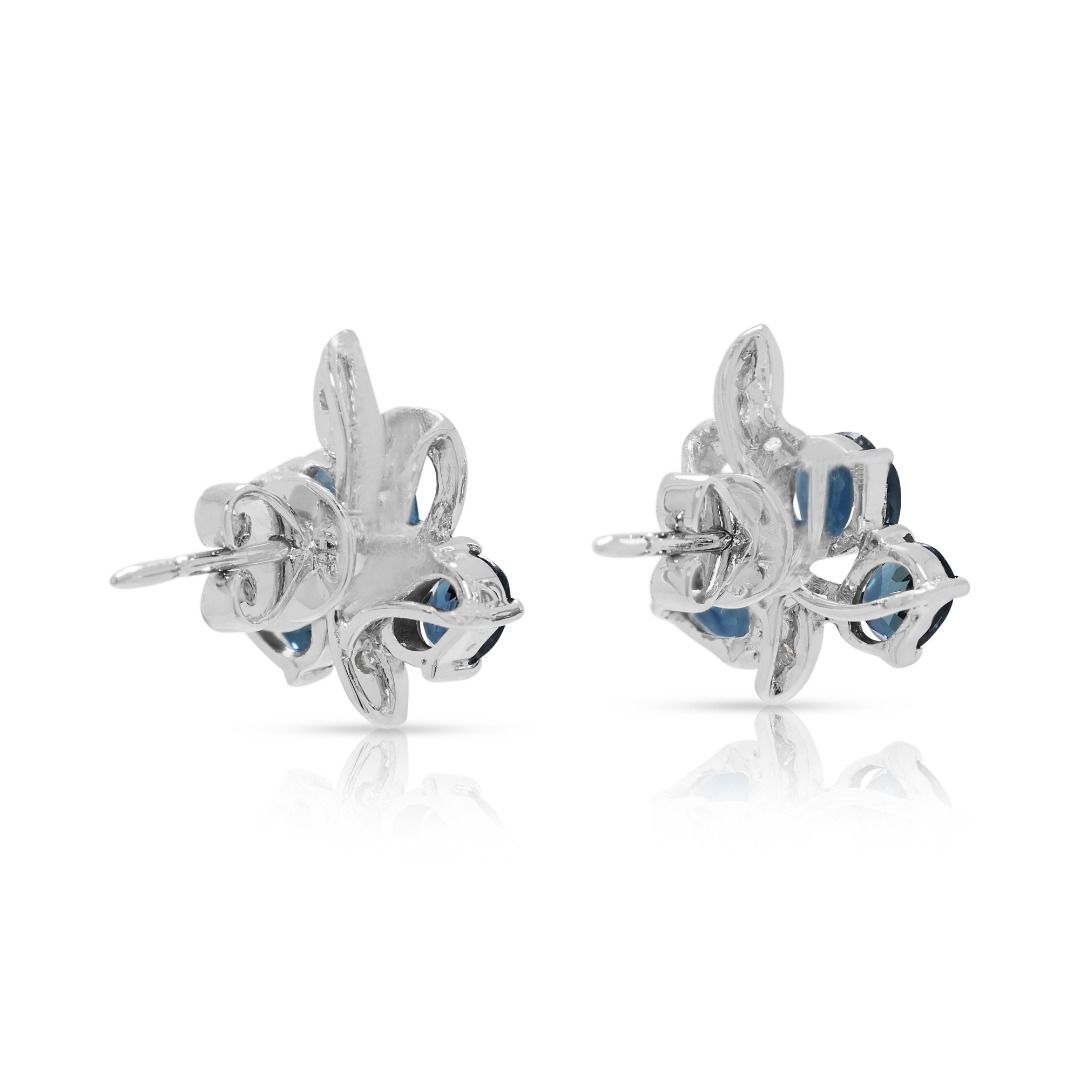 Delicate 0.62ct Sapphire & Diamond Floral Earrings in 14K White Gold