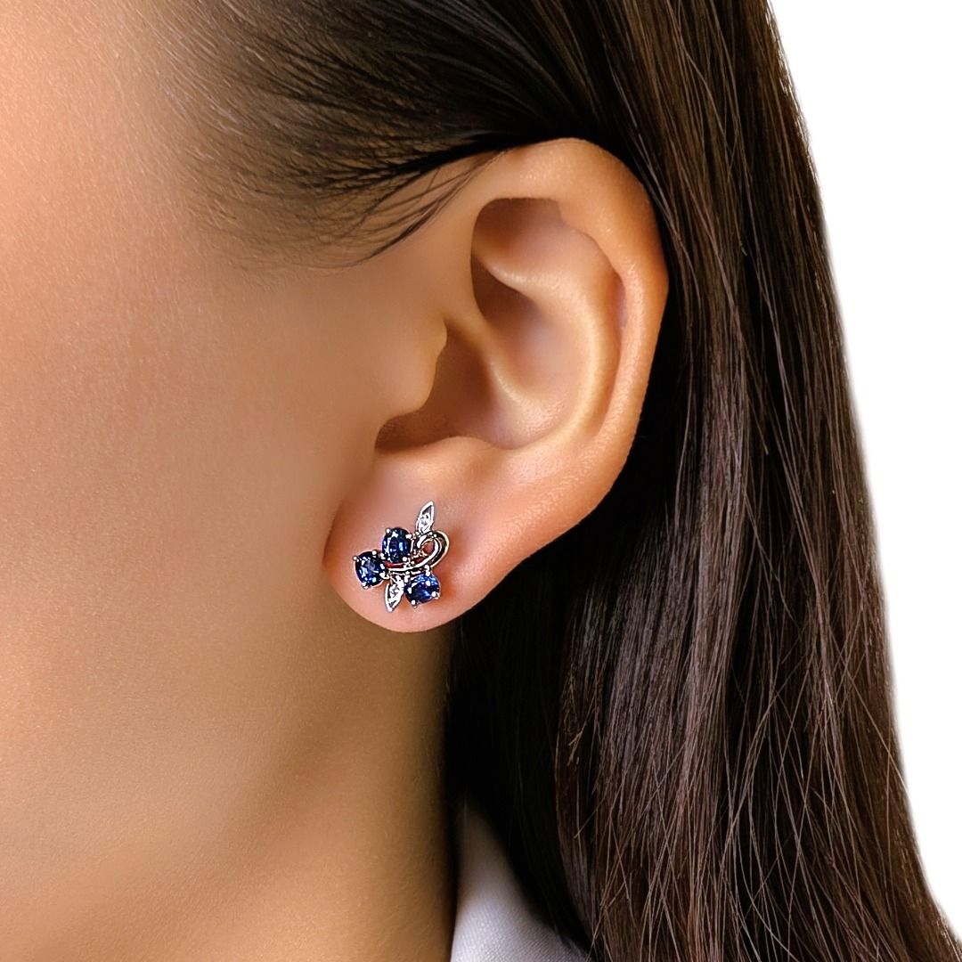 Delicate 0.62ct Sapphire & Diamond Floral Earrings in 14K White Gold