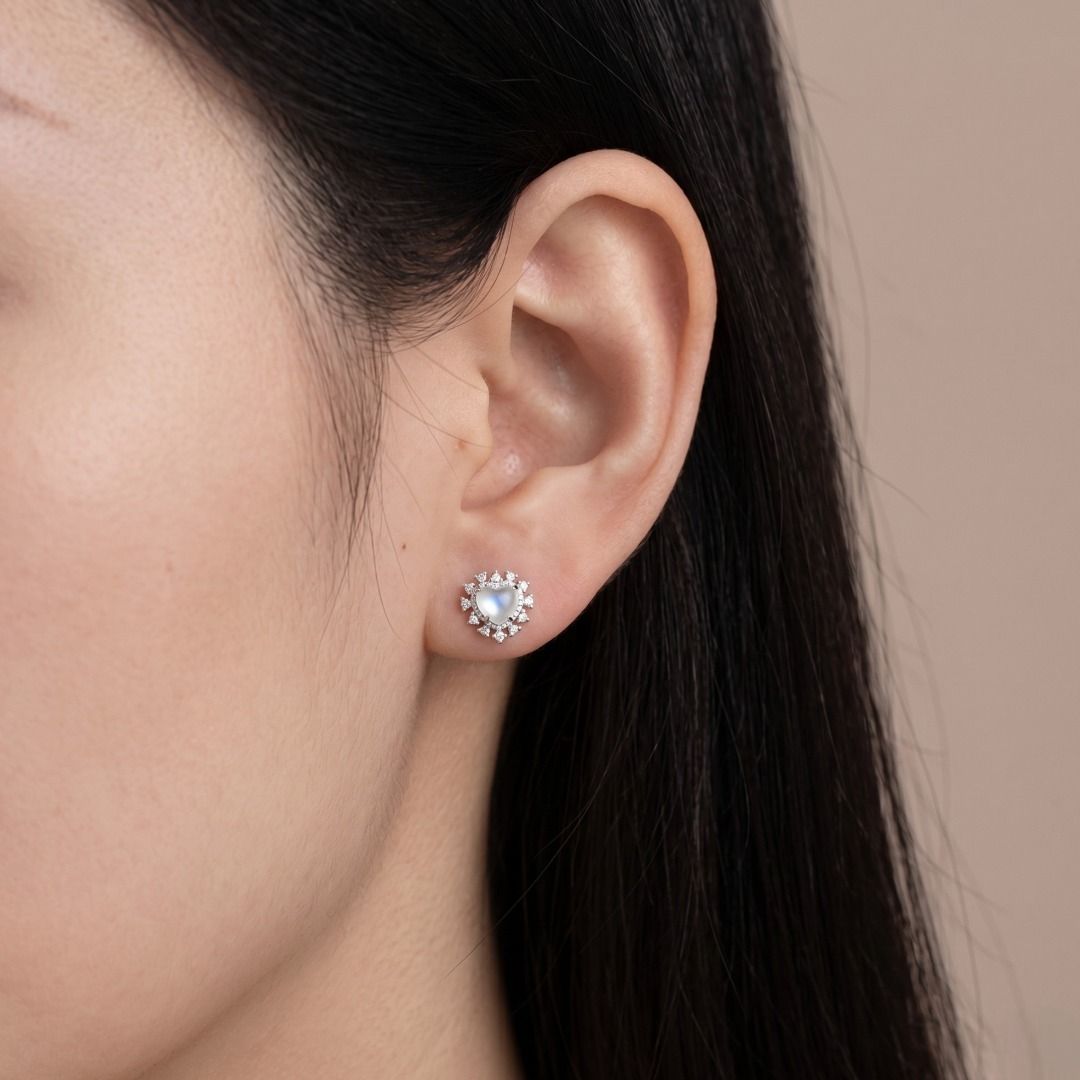 Delicate Icy Heart Jade accented with 0.07ct Diamond Stud Earrings in 18K White Gold