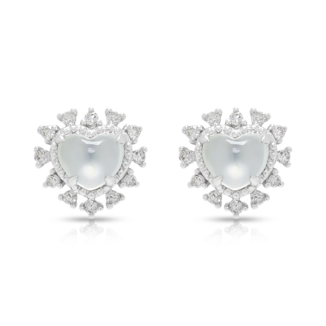 Delicate Icy Heart Jade accented with 0.07ct Diamond Stud Earrings in 18K White Gold