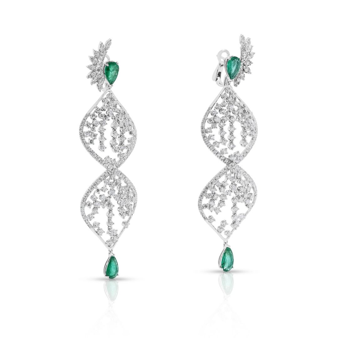 Dramatic 13.45ct Emerald & Natural Diamond Drop Earrings in 18K White Gold