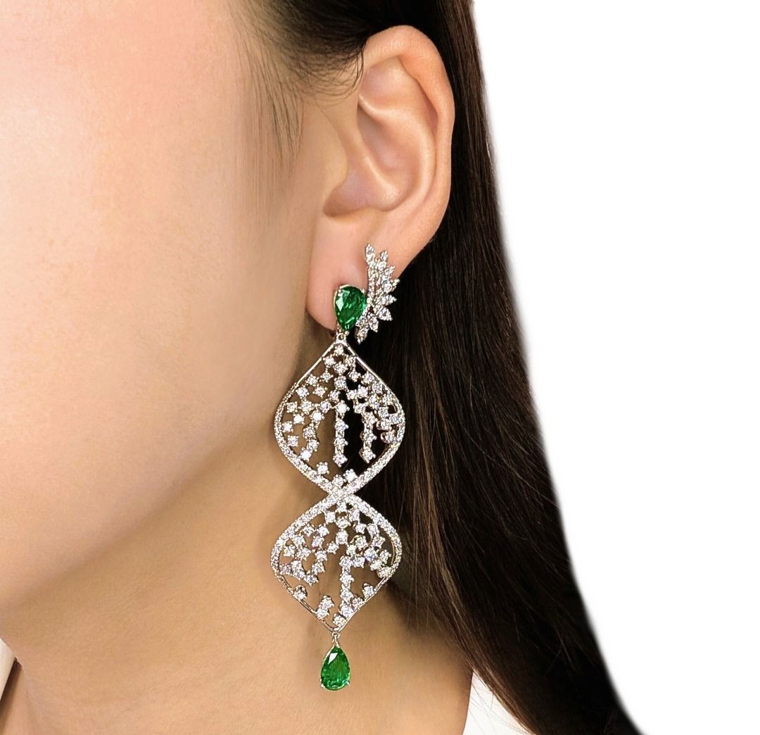 Dramatic 13.45ct Emerald & Natural Diamond Drop Earrings in 18K White Gold