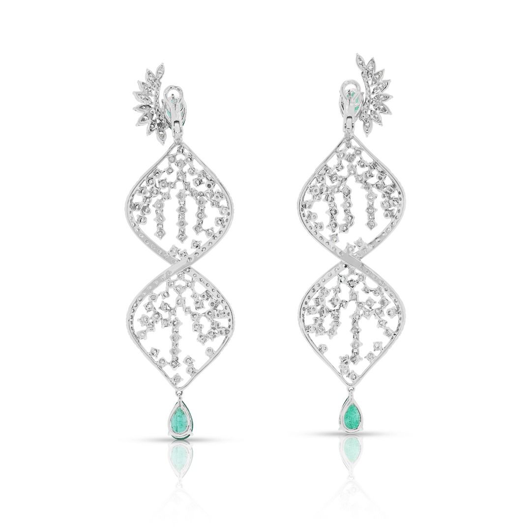 Dramatic 13.45ct Emerald & Natural Diamond Drop Earrings in 18K White Gold