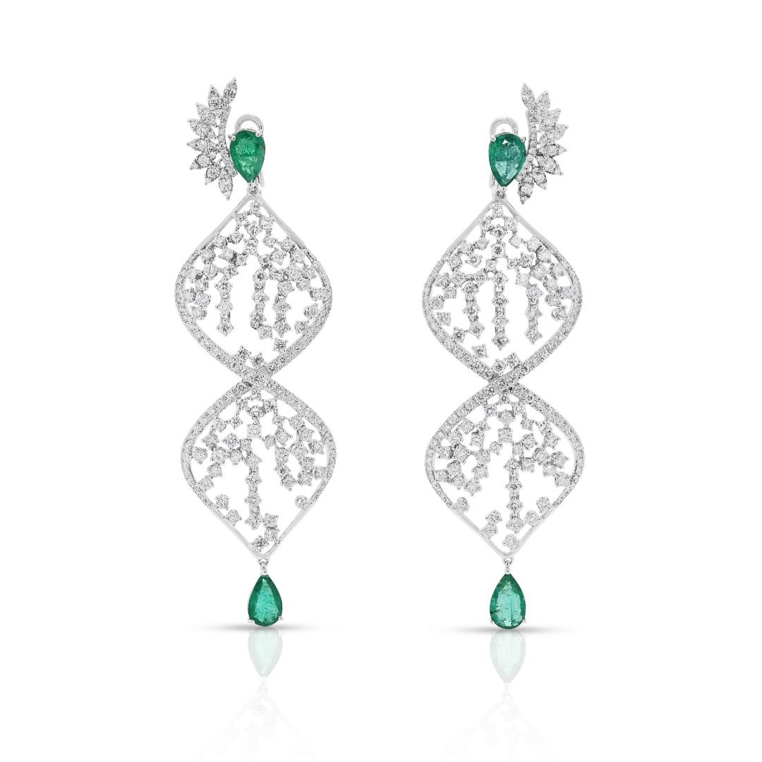 Dramatic 13.45ct Emerald & Natural Diamond Drop Earrings in 18K White Gold