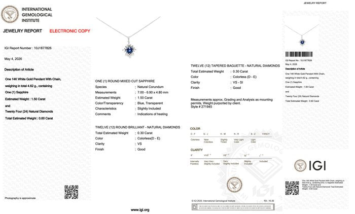 1.50 Carat IGI Certified Sapphire and Diamonds 14K White Gold Necklace
