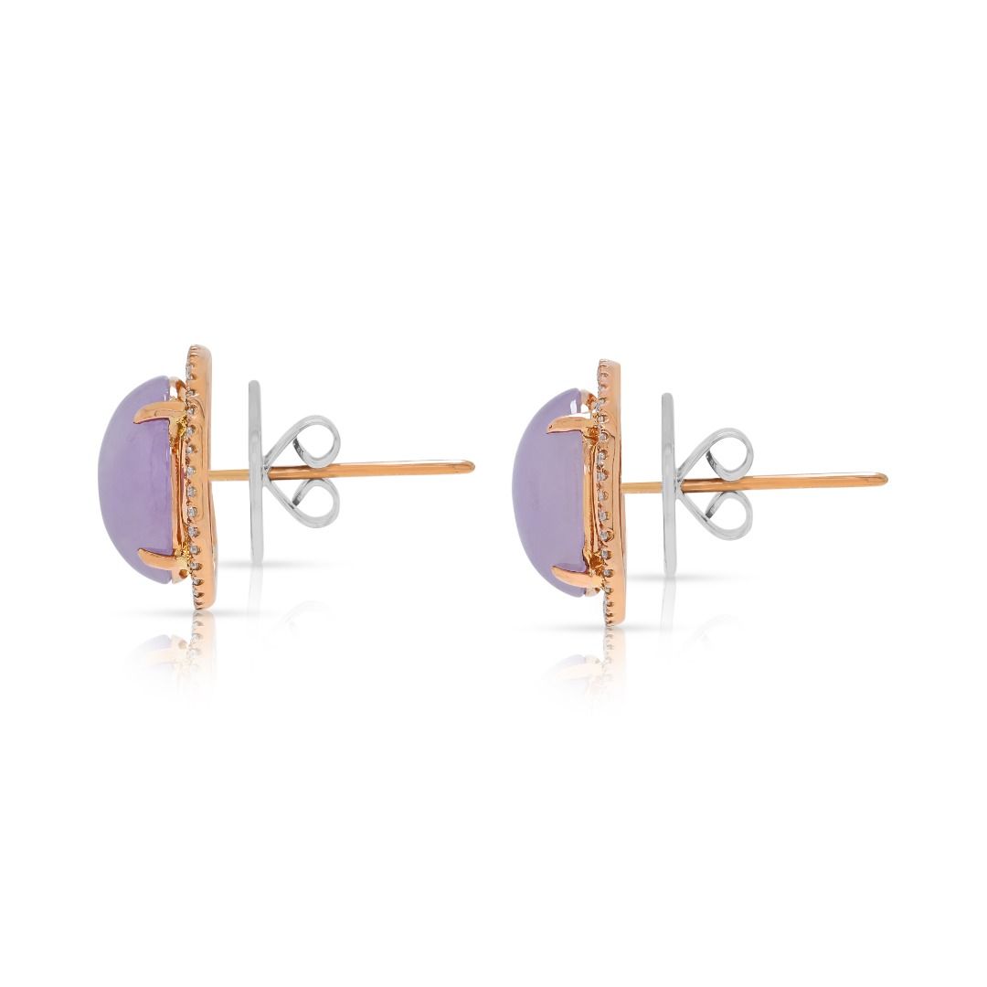 Elegante 0,24 Karat natürliche Diamant-Halo-Cabochon-Jade-Ohrstecker in 18 Karat zweifarbigem Gold