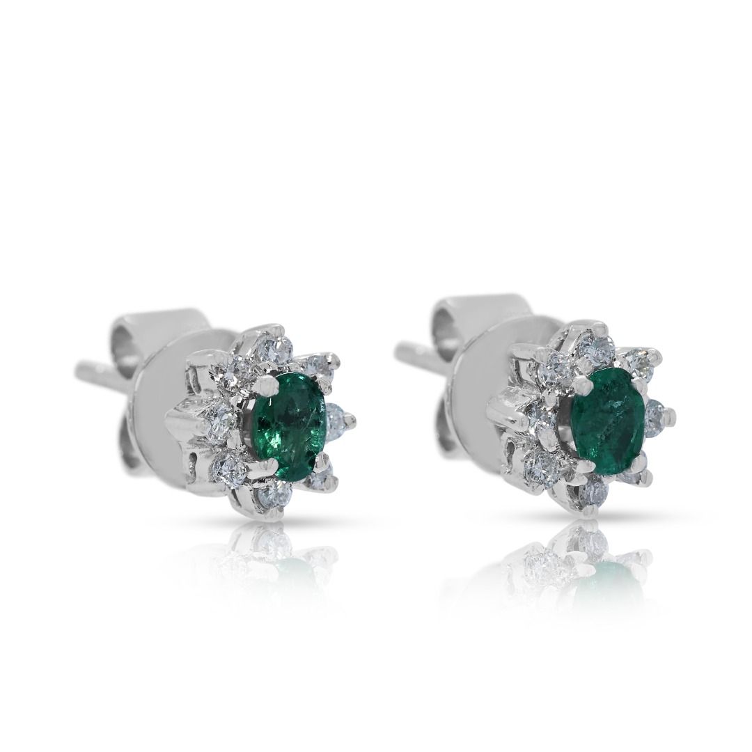 Elegant 0.30ct Emerald & Diamond Halo Studs in 18K White Gold