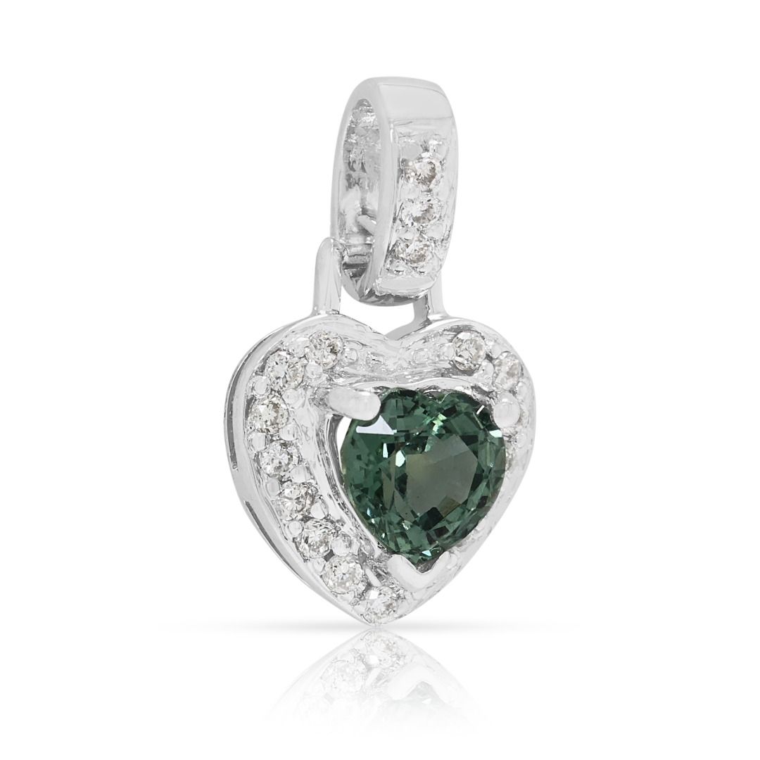 Eleganter 0,5 ct grüner Saphir & 0,08 ct Diamant Herz-Anhänger 18K Weißgold (Neu)