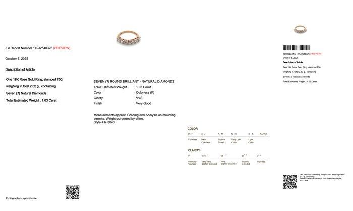 Elegant 1.03ct Diamonds Half Eternity Ring in 18k Rose Gold - IGI Certified
