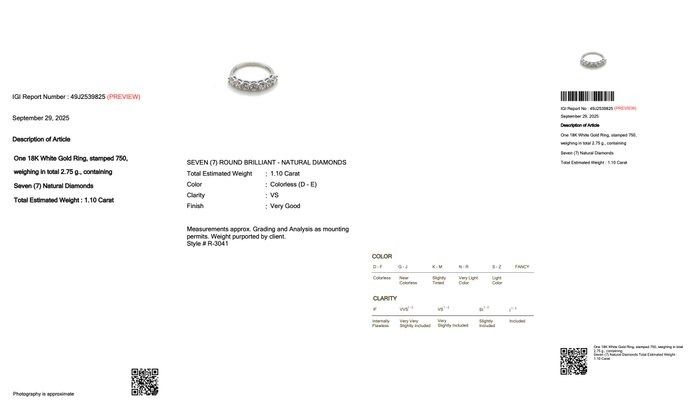 Elegant 1.10ct Diamonds Half-Eternity Ring in 18k White Gold - IGI Certified