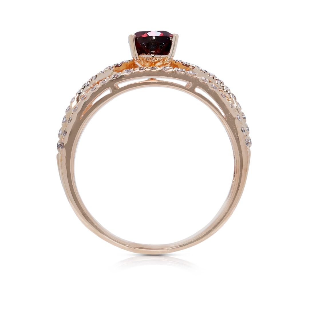 Elegant 1.215ct Gold Heart Garnet and Diamond V-Shaped 14k Rose Gold Ring