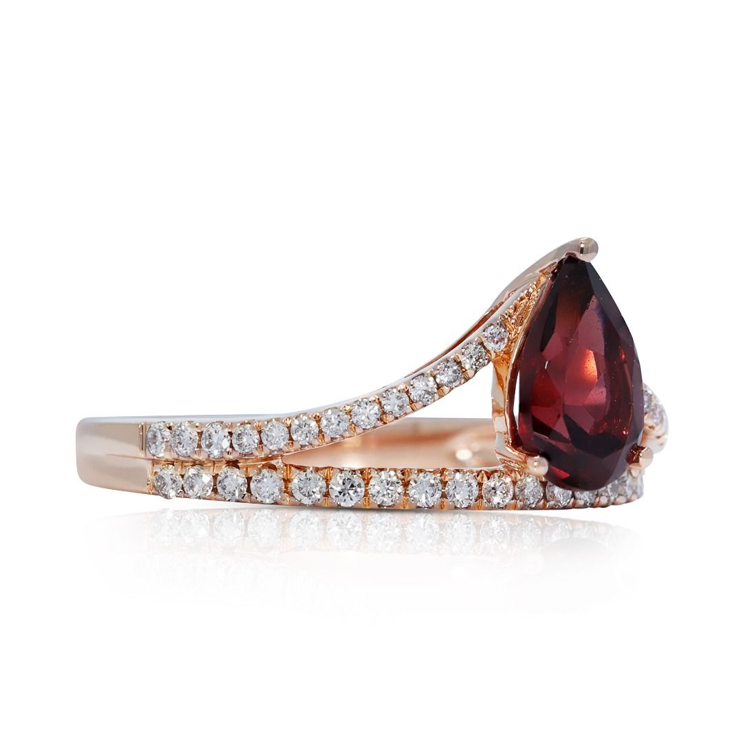 Elegant 1.215ct Gold Heart Garnet and Diamond V-Shaped 14k Rose Gold Ring