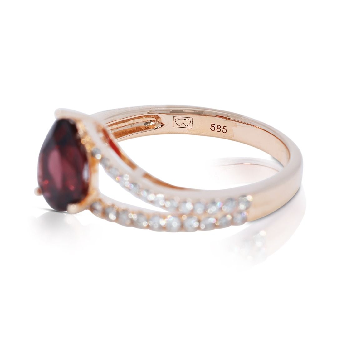 Elegant 1.215ct Gold Heart Garnet and Diamond V-Shaped 14k Rose Gold Ring