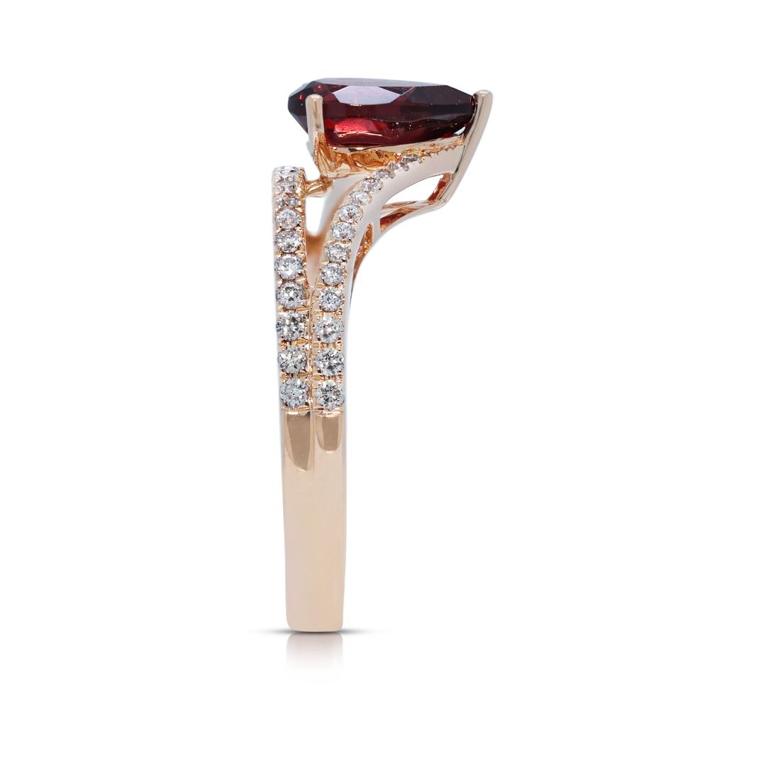 Elegant 1.215ct Gold Heart Garnet and Diamond V-Shaped 14k Rose Gold Ring