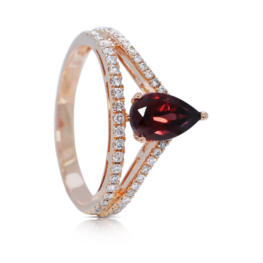 Elegant 1.215ct Gold Heart Garnet and Diamond V-Shaped 14k Rose Gold Ring