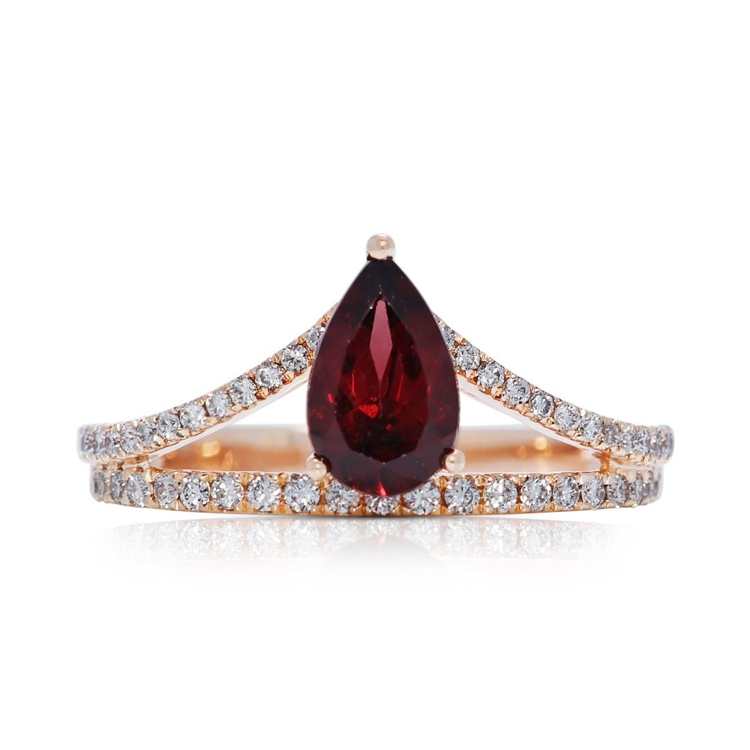 Elegant 1.215ct Gold Heart Garnet and Diamond V-Shaped 14k Rose Gold Ring