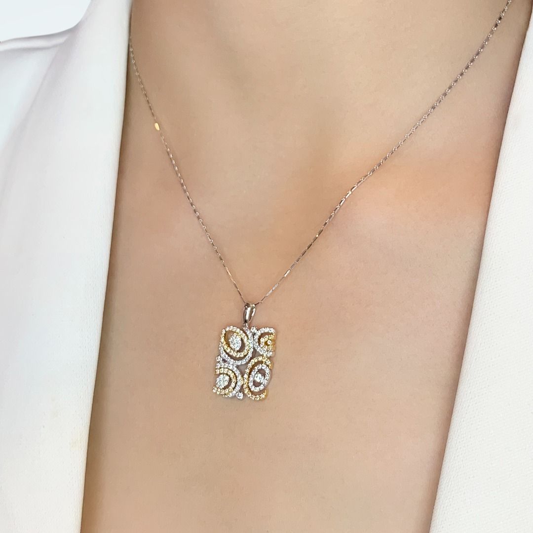 Intricate 1.38ct Diamonds Necklace with Pendant in 18k White and Yellow Gold - IGI Certified