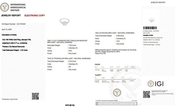 Elegant 1.33ct Diamonds 3-Stone Ring in 18k White Gold - IGI Certified