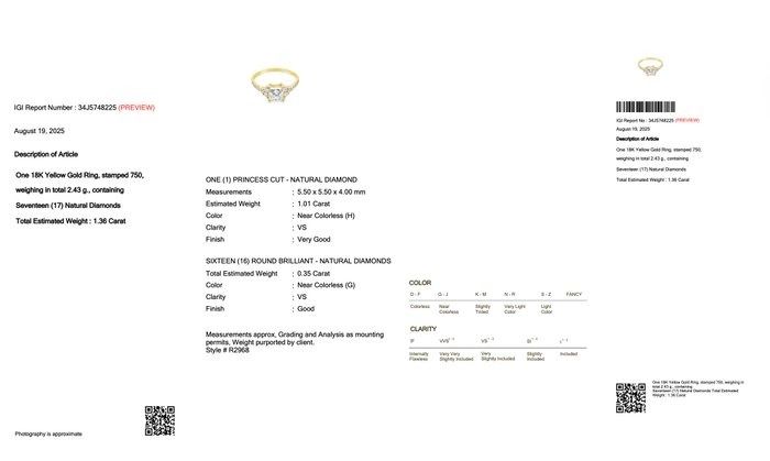 Elegant 1.36ct Diamonds Ring in 18k Yellow Gold - IGI Certified