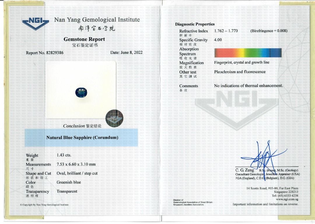 Elegant 1.43ct Oval Greenish Blue Sapphire Loose Gemstone with NGI Certificate