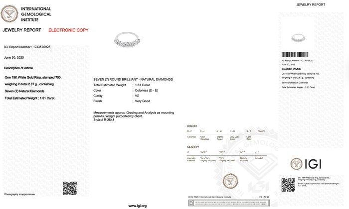 Elegant 1.51ct Diamonds 7-Stones Diamond Ring in 18k White Gold - IGI Certified