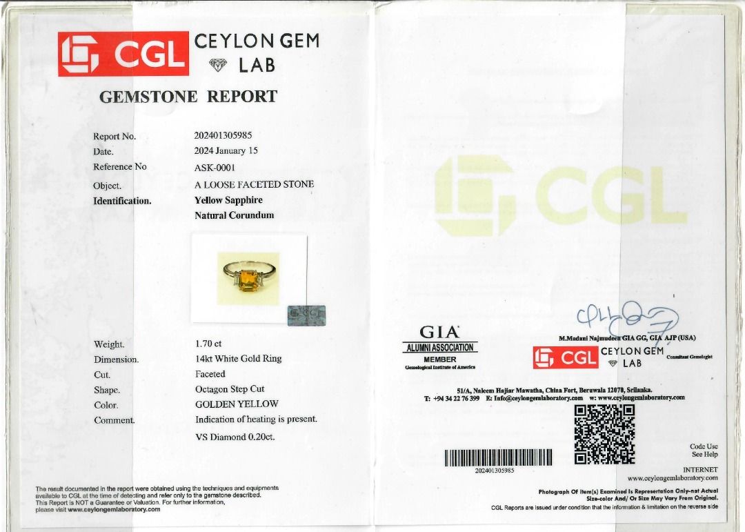 Eleganter 1,7ct Gelber Saphir mit 0,20ct Diamant Drei-Stein-Ring in 14K Weißgold – CGL-zertifiziert