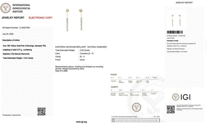 Elegant 2.02ct Diamonds Drop Earrings in 18k Yellow Gold - IGI Certified