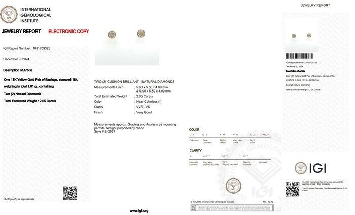 Elegant 2.05ct Diamonds Stud Earrings in 18k Yellow Gold - IGI Certified