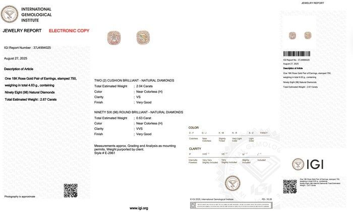 Elegant 2.67ct Diamonds Stud Earrings in 18k Rose Gold - IGI Certified