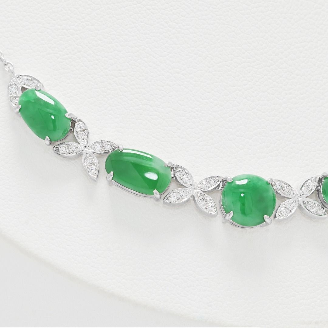 Elegant 8ct Jadeite Cabochon with 0.38ct Natural Diamonds Necklace in 18K White Gold (New) - NGI Certified