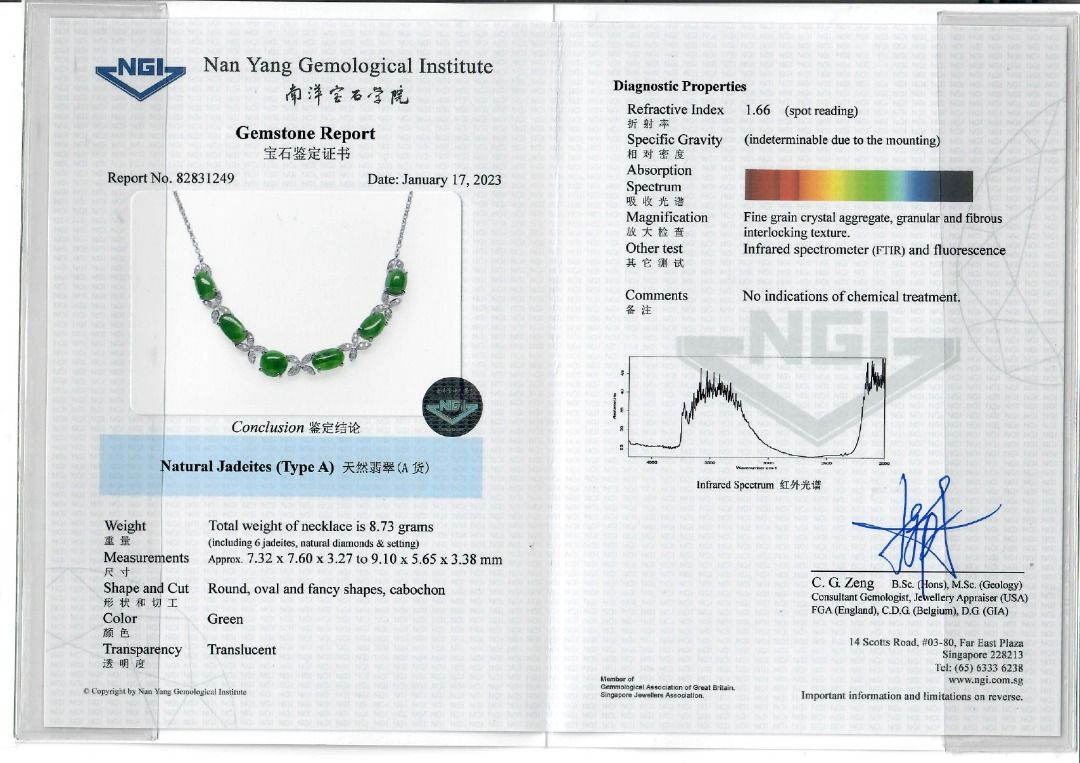 Elegant 8ct Jadeite Cabochon with 0.38ct Natural Diamonds Necklace in 18K White Gold (New) - NGI Certified