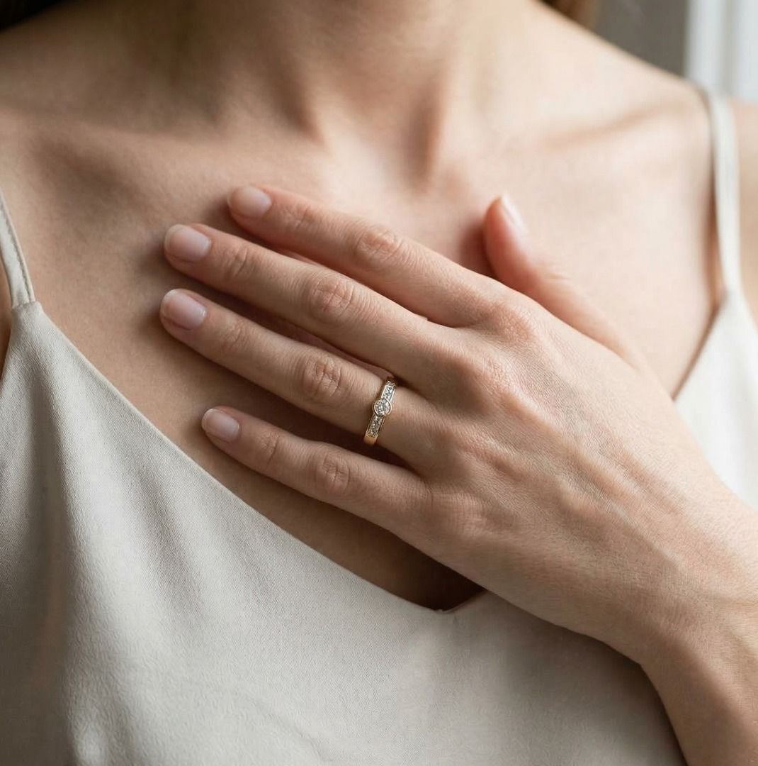 Kräftigender Ring mit 0,64 Karat natürlichen Diamanten im runden und Prinzessschliff, in Zargenfassung, aus 18K Gelbgold