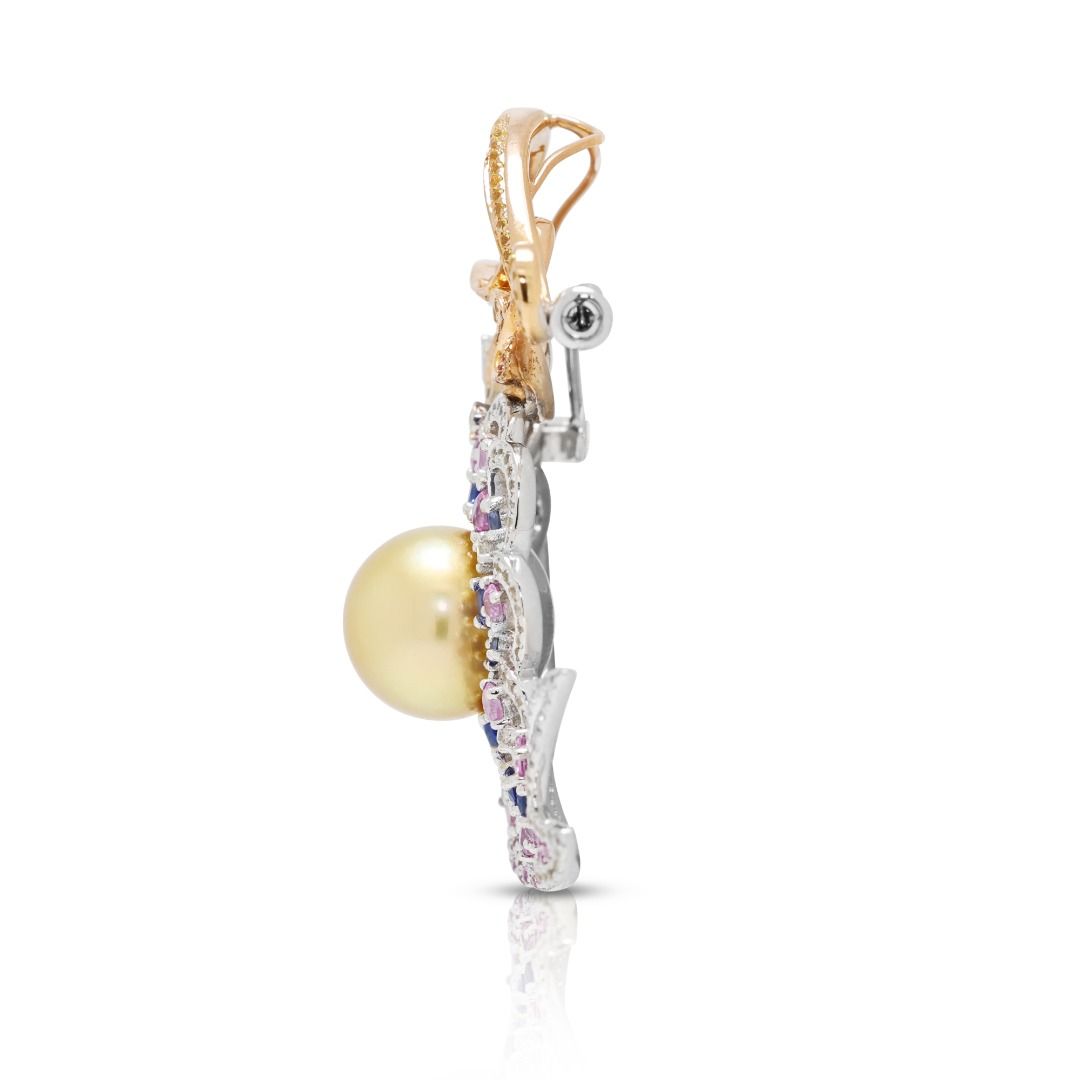 Enchanting 1.83ct Sapphire and South Sea Pearl Mermaid Pendant/Brooch in 18K Two-Tone Gold