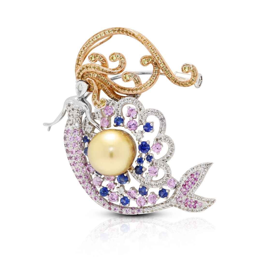 Enchanting 1.83ct Sapphire and South Sea Pearl Mermaid Pendant/Brooch in 18K Two-Tone Gold