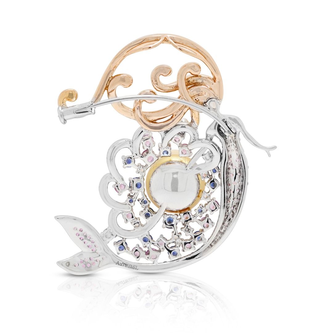 Enchanting 1.83ct Sapphire and South Sea Pearl Mermaid Pendant/Brooch in 18K Two-Tone Gold