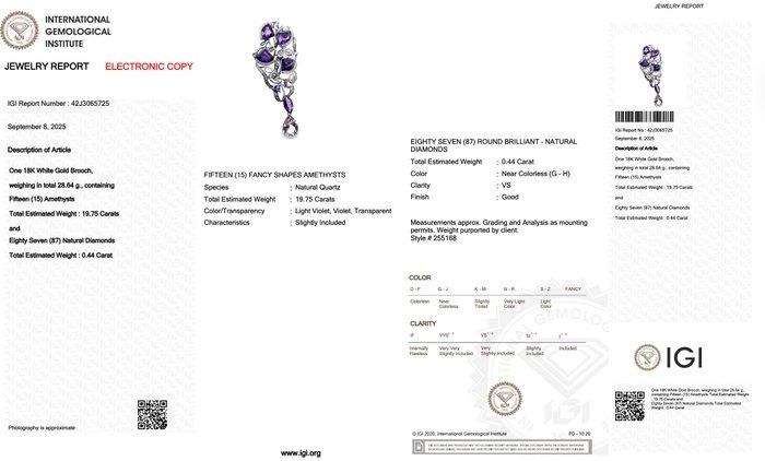 Enchanting 20.19ct Amethysts and Diamonds Brooch in 18k White Gold - IGI Certified