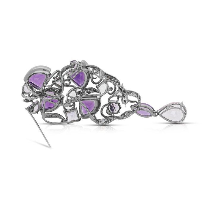 Enchanting 20.19ct Amethysts and Diamonds Brooch in 18k White Gold - IGI Certified