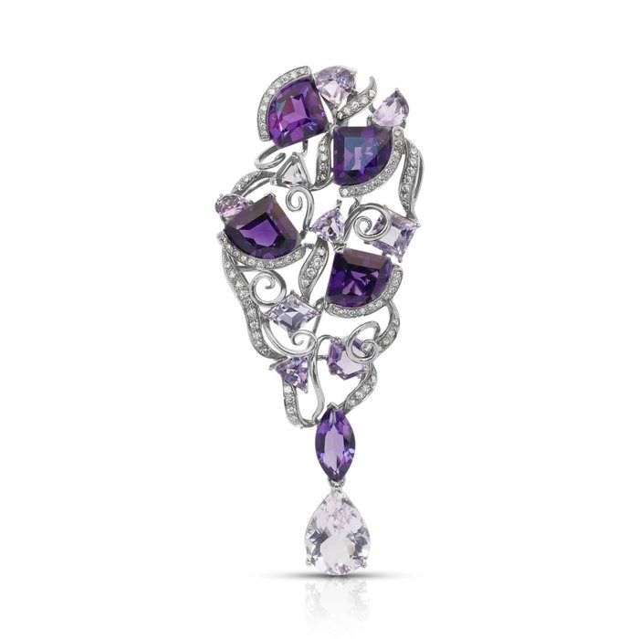 Enchanting 20.19ct Amethysts and Diamonds Brooch in 18k White Gold - IGI Certified